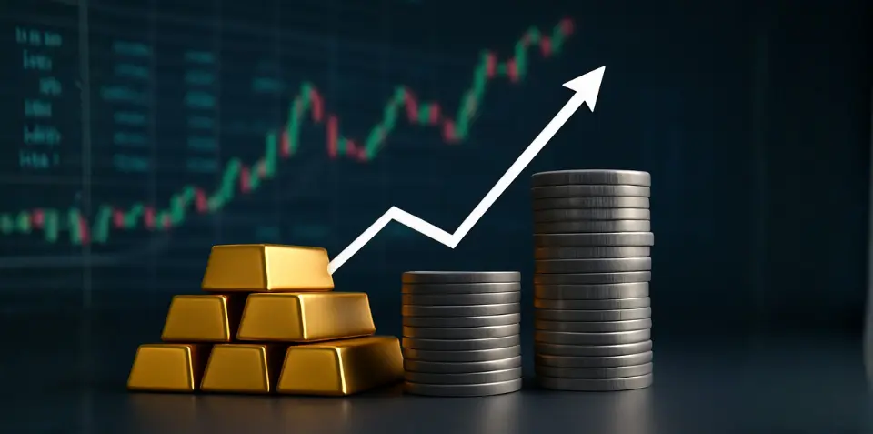 صورة توضيحية لارتفاع أسعار الذهب والفضة في السوق العالمي مع خلفية مالية
